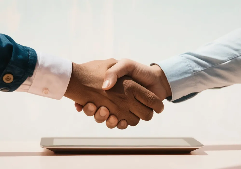 Two people shaking hands across a table after reaching an agreement