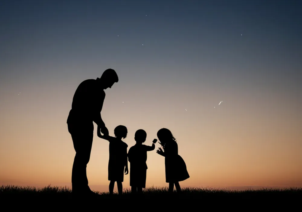 A parent and three children silhouetted against a sunset sky