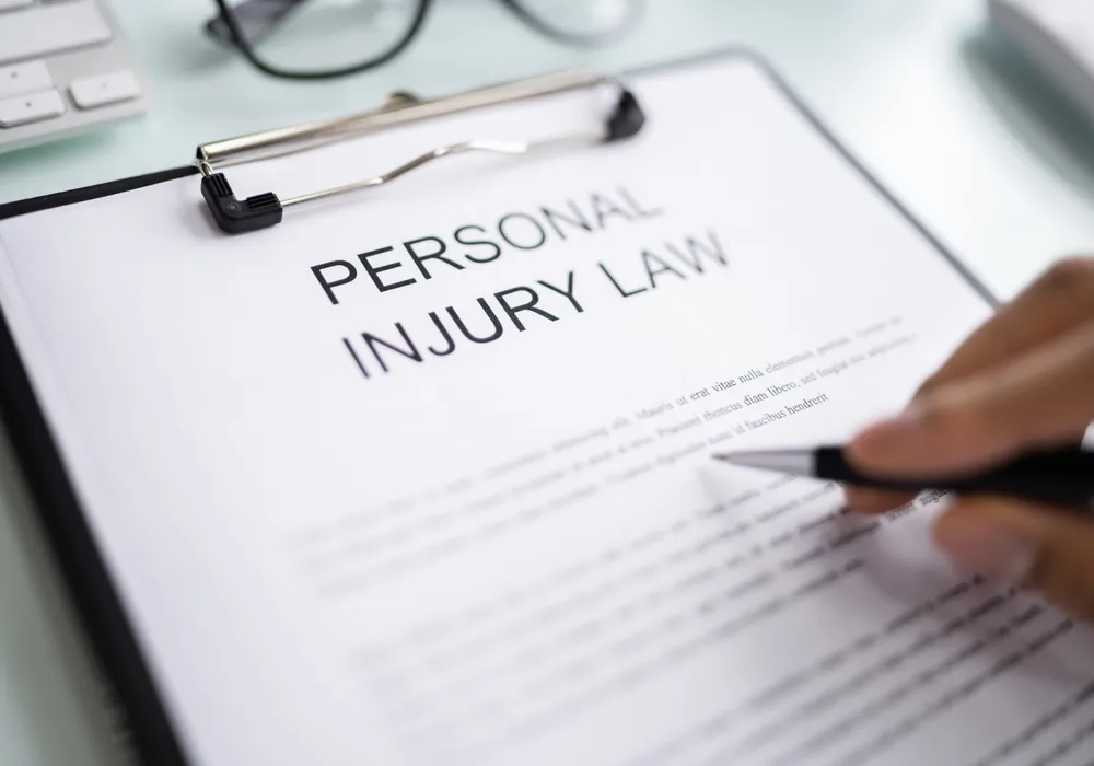 A hand completing a document headed Personal Injury Law on a desk