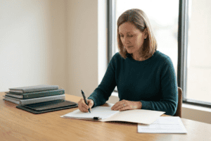 Woman in a teal sweater writes on a clipboard at a wooden desk, with a tablet and stacked folders nearby.