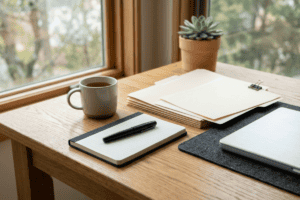 Desk by a window with a mug, a lined notebook and pen, a stack of manila folders, and a small potted succulent nearby.