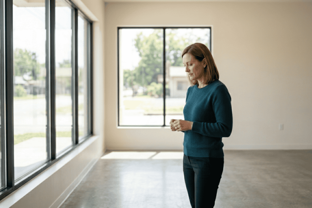 Woman in a teal sweater stands alone in a bright, empty room by large windows, looking down at her hands.