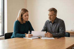 Two adults sit at a wooden table in a bright room, reviewing documents together.