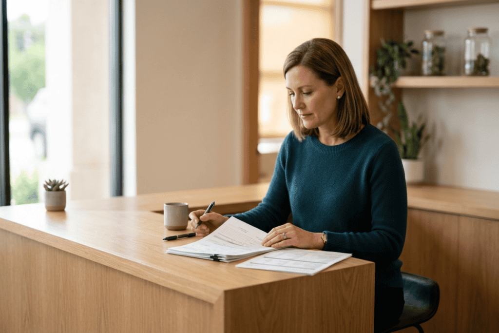 Woman seated at a wooden reception desk signing documents with a pen, coffee mug beside her.