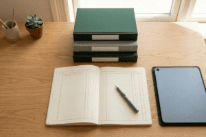 Open notebook with a pen on a wooden desk, beside a tablet and a stack of green binders.
