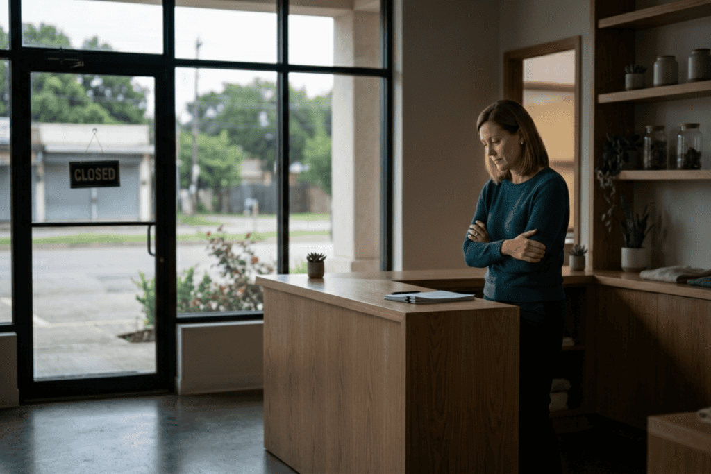 Woman in teal sweater stands behind a wooden counter inside a storefront, arms crossed and looking at a notebook or clipboard.